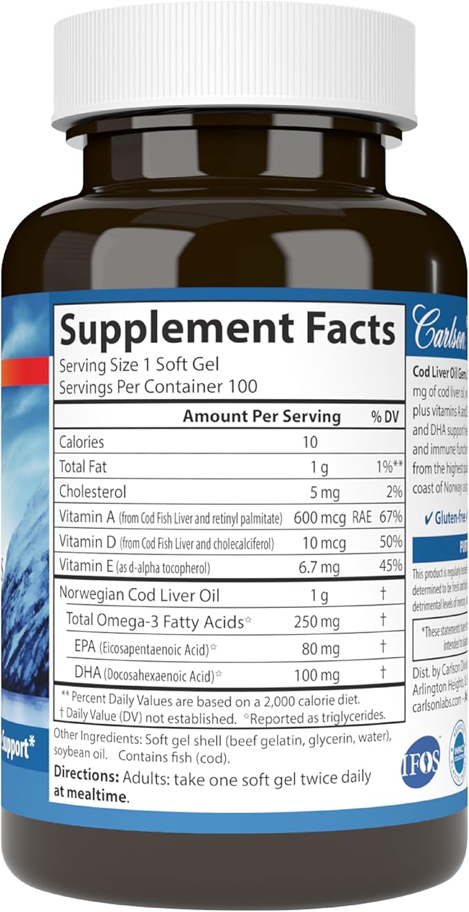 Carlson - Cod Liver Oil, Super 1000 mg + Vitamins A & D3, Wild Norwegian, Sustainably Sourced, 100 Softgels