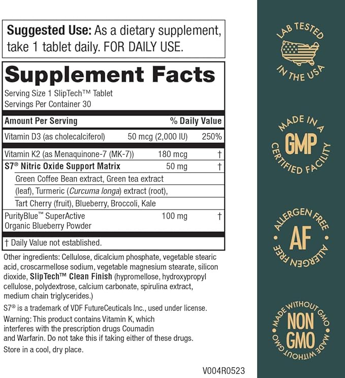 Purity Products Artery Pill Core from MK-7 Vitamin K2, Plant-Based S7 Nitric Oxide Booster, Vitamin D3, Organic Blueberries - Promotes Arterial Health & Cardiovascular Function - 30 Count