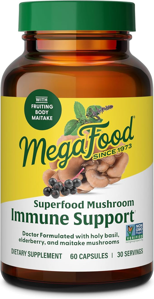 MegaFood Superfood Mushroom Immune Support - Maitake Mushroom Supplement with Elderberry & Holy Basil to Help Support a Healthy Immune System - Doctor Formulated, Vegan - 60 Capsules, 30 Servings