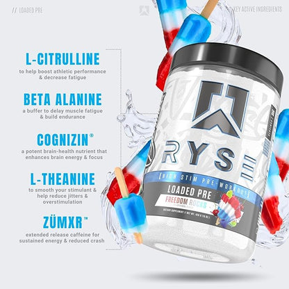 Ryse Loaded Pre Workout Powder Supplement for Men & Women | Pumps, Energy, Focus | Beta Alanine + Citrulline | 390mg Caffeine | 30 Servings (Freedom Rocks)