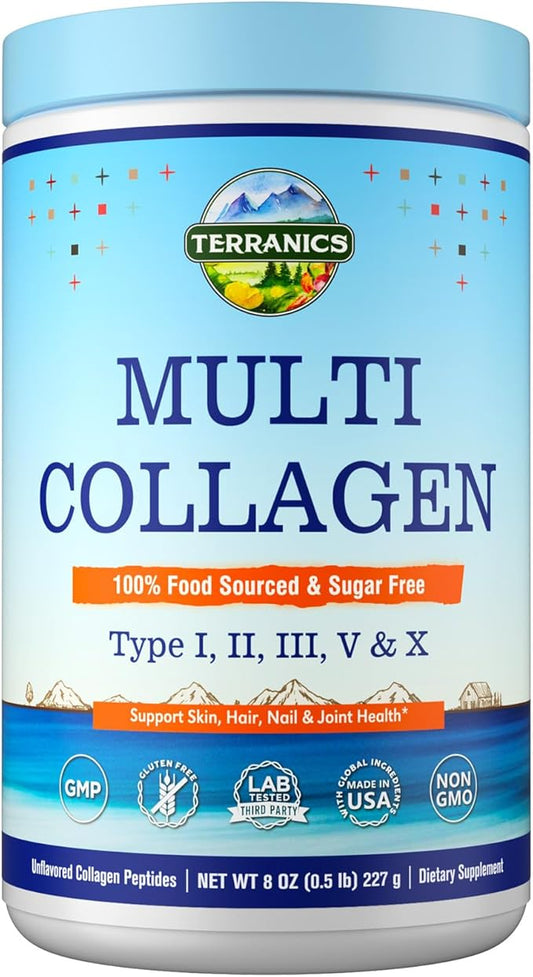Terranics Multi Collagen Peptides Powder, Type I II III V X Collagen for Women & Men, Collagen Supplements for Skin, Nail, Hail & Joint, Easy to Dissolve, Unflavored, No Sugar, Keto, 8oz