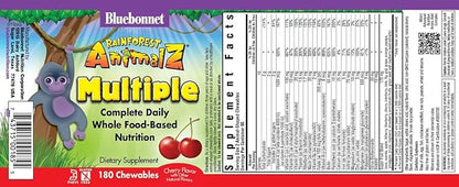 Bluebonnet Nutrition Rainforest Animalz Whole Food Based Multiple Chewable Tablet, Kids Multivitamin & Mineral, Vitamin C, D3, Iron, Gluten Free, Milk Free, Kosher, 180 Chewable Tablets, Cherry Flavor