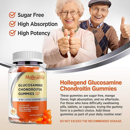 Glucosamine Chondroitin Gummies Sugar Free, Joint Support Gummies Supplements for Adults Men & Women, 1500mg Glucosamine Chewables with MSM Turmeric, 60 Count