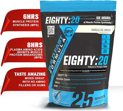 Eighty:20 Protein Powder Casein & Whey Blend | Fast & Slow Digesting Proteins for 6 Hours Muscle Protein Synthesis for Men & Women | Keto Friendly & Great Tasting (Vanilla Ice Cream)