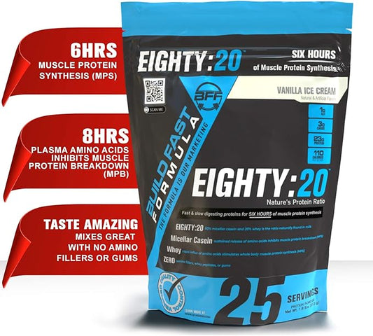 Eighty:20 Protein Powder Casein & Whey Blend | Fast & Slow Digesting Proteins for 6 Hours Muscle Protein Synthesis for Men & Women | Keto Friendly & Great Tasting (Vanilla Ice Cream)