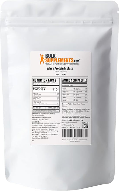 BulkSupplements.com Whey Protein Isolate Powder - Unflavored Protein Powder, Whey Isolate Protein Powder - Whey Protein Powder, Gluten Free, 30g per Serving, 100g (3.5 oz) (Pack of 1)