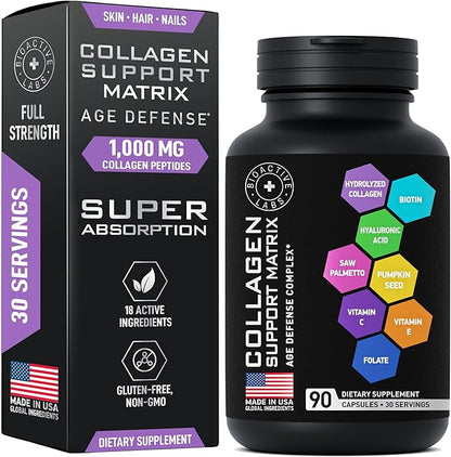 Age Defense Beauty Collagen Matrix - 2,000mg Multi Collagen Biotin Keratin Hyaluronic Acid Saw Palmetto Vitamin C Supplement Complex - DHT Blocker for Men & Women for Hair Growth - 90 Gluten-Free Caps