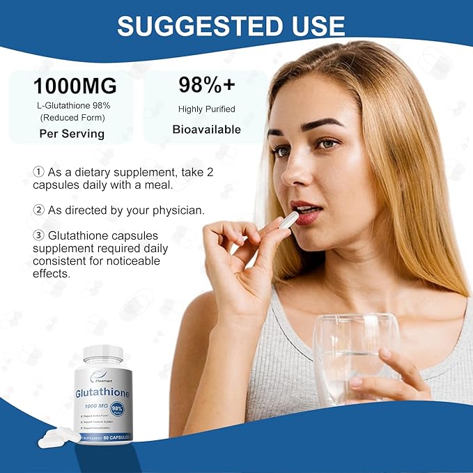 Glutathione Supplement 98%+ Highly Purified and Bioavailable - Skin Care & Detoxification L-Glutathione 1000mg Immune & Liver Support - Made in The USA, 2 Packs