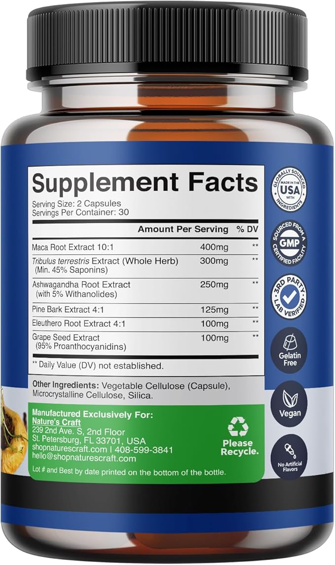 Potent Black Maca Root Capsules for Men - Herbal Wellness Supplement with Siberian Ginseng Ashwagandha and Black Maca Root - Men’s Wellness Supplement to Support General Health (30 Servings)