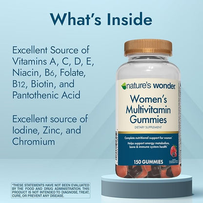 Nature's Wonder Women's Multivitamin Gummies, Supports Energy, Metabolism, Bone and Immune System Health with Vitamins A,C,D,B6, B12, Biotin, Folic Acid, 75 Day Supply, 150 Count