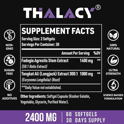 2400mg Fadogia Agrestis Tongkat Ali Supplement - Fadogia Agrestis 1400mg & Tongkat Ali 1000mg Ultra Blend, Maximum Strength, Muscle Mass & Athletic Performance, 60 Softgels