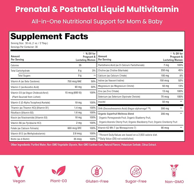 Mother's Promise Prenatal & Postnatal Multivitamin for Women | Sugar Free Liquid Prenatal Vitamins for Women with Folate, Choline & Organic Fruits for Preconception, Pregnancy & Nursing | Vegan