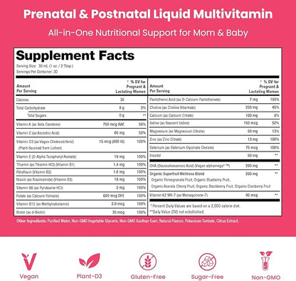 Mother's Promise Prenatal & Postnatal Multivitamin for Women | Sugar Free Liquid Prenatal Vitamins for Women with Folate, Choline & Organic Fruits for Preconception, Pregnancy & Nursing | Vegan