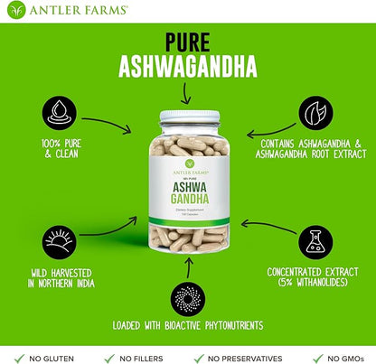 Antler Farms – 100% Pure Ashwagandha Root and Ashwagandha Root Extract, 130 Capsules, 1200mg – Standardized to 5% withanolides, Enhances Mental Performance, Energy, and Immunity