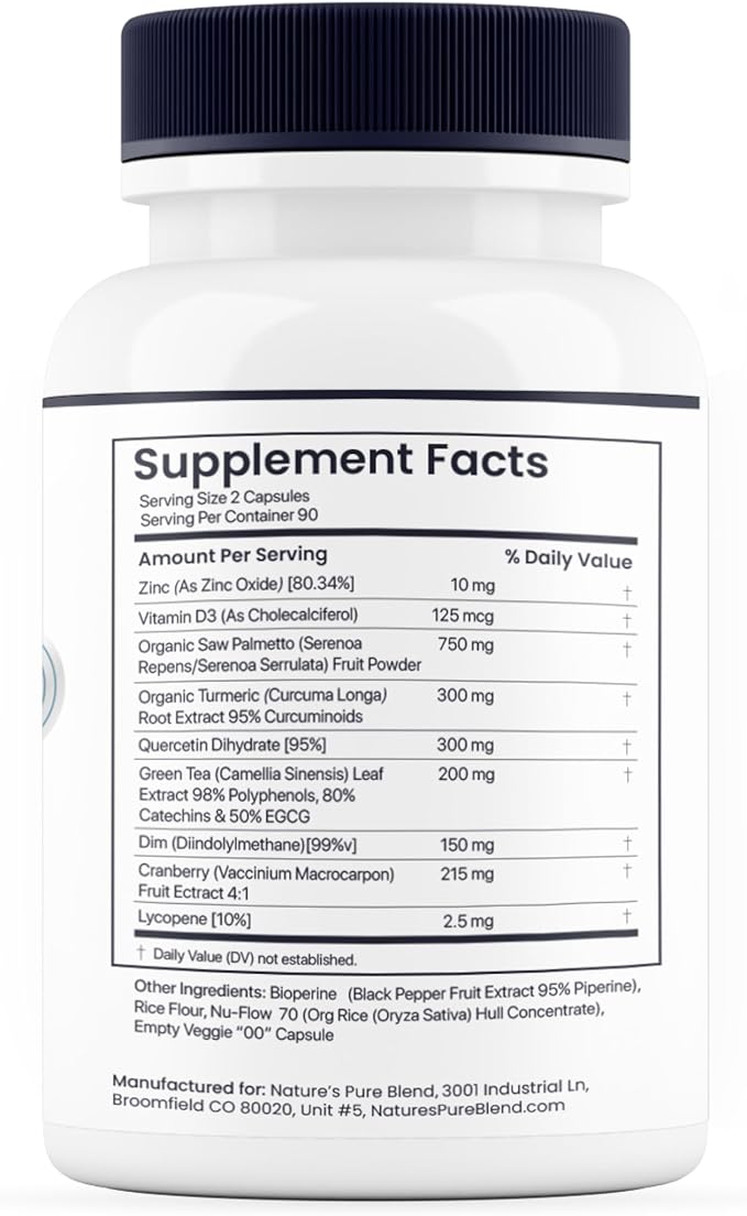 Nature's Pure Blend Prostate Flow Prostate Support - Men's Health - Urinary Support - 90 Caps - Organic Saw Palmetto - Turmeric (95% Curcuminoids) - Green Tea Leaf - Cranberry - Prostate Flow