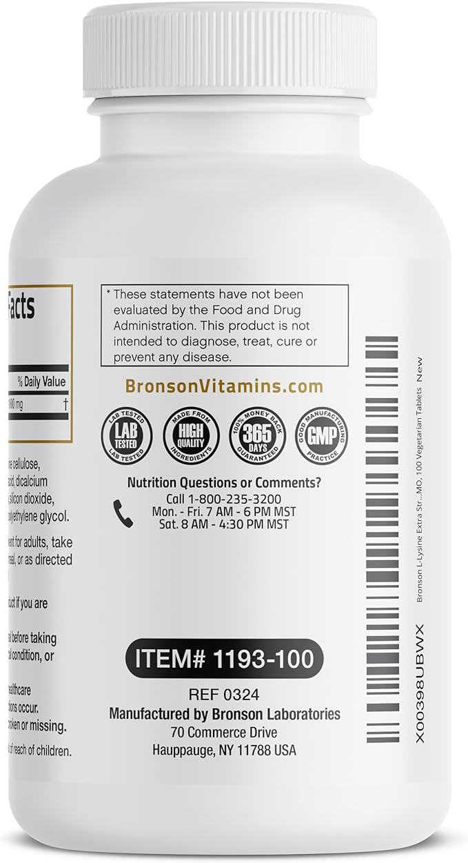 Bronson L-Lysine Extra Strength 1000 MG per Tablet High Potency, Immune Support & Supports Collagen Synthesis, Non-GMO, 100 Vegetarian Tablets