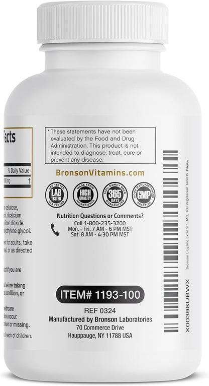 Bronson L-Lysine Extra Strength 1000 MG per Tablet High Potency, Immune Support & Supports Collagen Synthesis, Non-GMO, 100 Vegetarian Tablets
