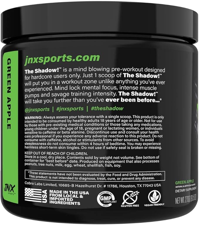 JNX SPORTS The Shadow! 350mg of Caffeine Hard Core Preworkout - Green Apple 30 Servings | Electric Energy, Mental Focus & Superhuman Strength for Men & Women