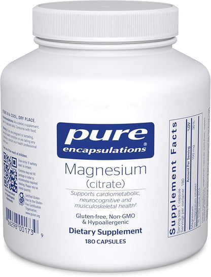 Pure Encapsulations Magnesium (Citrate) - Supplement for Sleep, Heart Health, Cognitive Health, Bone Health, Energy, Muscles, and Metabolism* - with Premium Magnesium - 180 Capsules