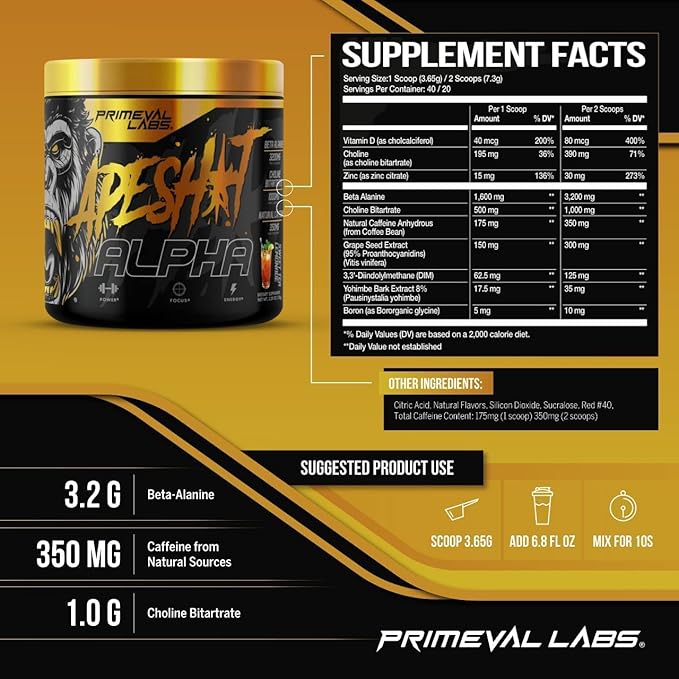 Primeval Labs Ape Alpha Natural Pre Workout for Men and Women | Increase Endurance and Focus | 350mg Caffeine | Beta-Alanine |L citrulline | Nitric Oxide Booster | Sweet Tea Lemonade, 40 Servings