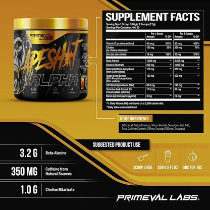Primeval Labs Ape Alpha Natural Pre Workout for Men and Women | Increase Endurance and Focus | 350mg Caffeine | Beta-Alanine |L citrulline | Nitric Oxide Booster | Sweet Tea Lemonade, 40 Servings