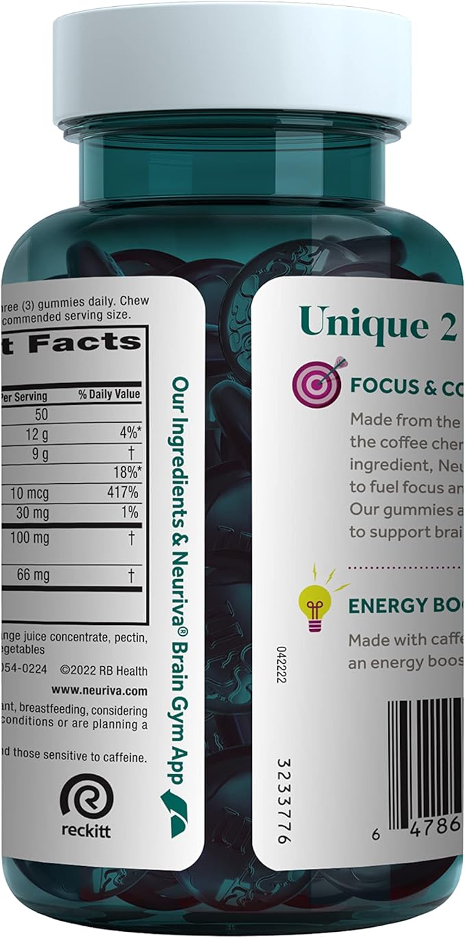 NEURIVA Brain + Energy Gummies, Nootropic Brain Supplements for Focus and Concentration with Neurofactor, Vitamin B12 & Caffeine for an Energy Boost*, 75ct Natural BlackBerry