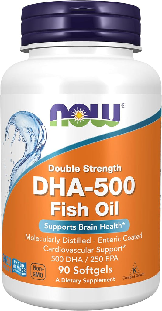 NOW Foods Supplements, DHA-500 with 250 EPA, Molecularly Distilled, Supports Brain Health*, 90 Softgels
