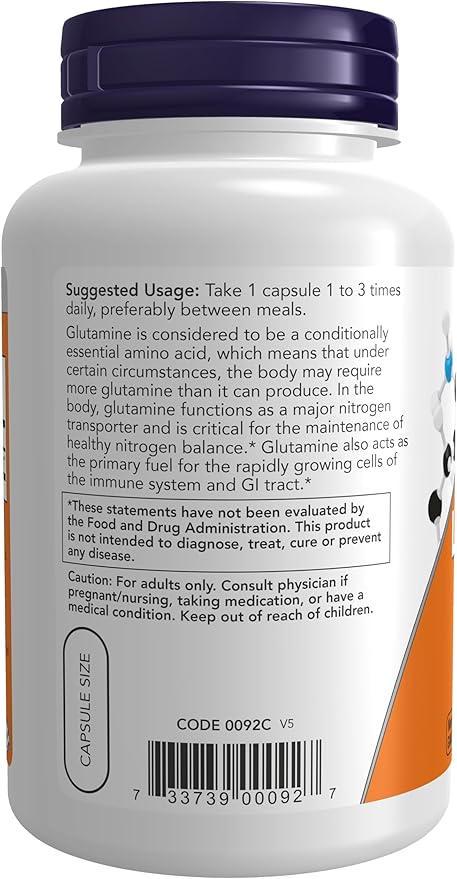 NOW Foods Supplements, L-Glutamine 500 mg, Nitrogen Transporter*, Amino Acid, 120 Veg Capsules