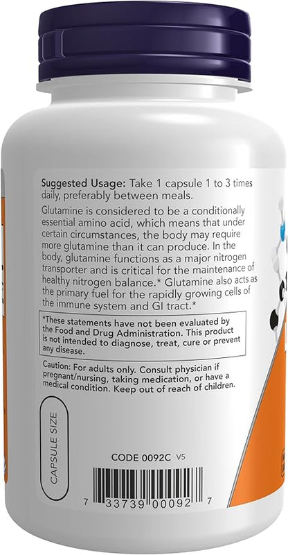 NOW Foods Supplements, L-Glutamine 500 mg, Nitrogen Transporter*, Amino Acid, 120 Veg Capsules