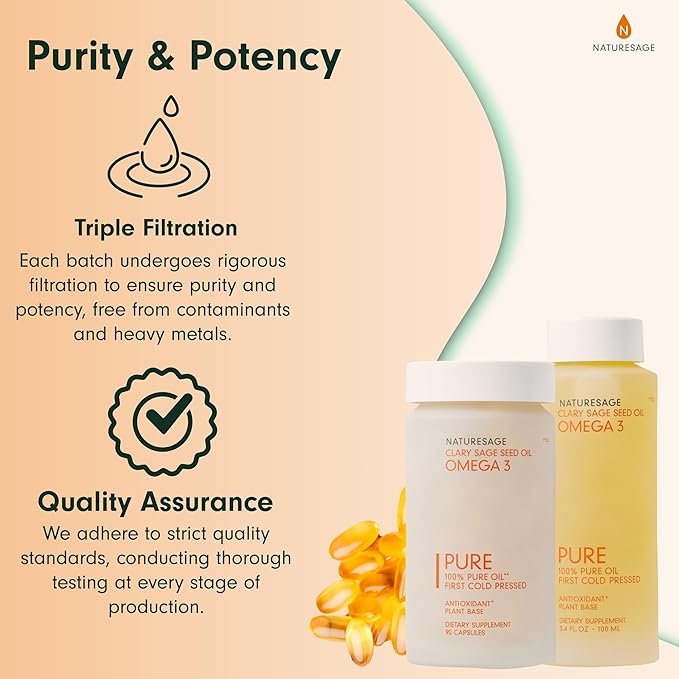 Pure Vegan Liquid Omega 3 Oil, Plant-Based Alternative to Omega 3 Fish Oil, 3.4 fl. oz. – Cold Pressed from Clary Sage Seed – Kosher - Omega 3 Fatty Acid Supplement with Antioxidants