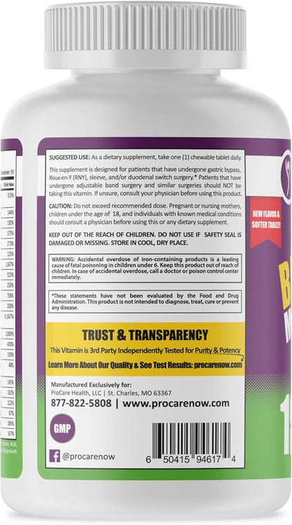 Procare Health Bariatric chewable Multivitamin with Iron 18mg (90 Tablets) - Fruit Punch Flavor Bariatric Multivitamin Chewable Pills for Gastric Bypass & Sleeve Gastrectomy Patients* (3 Month Supply)