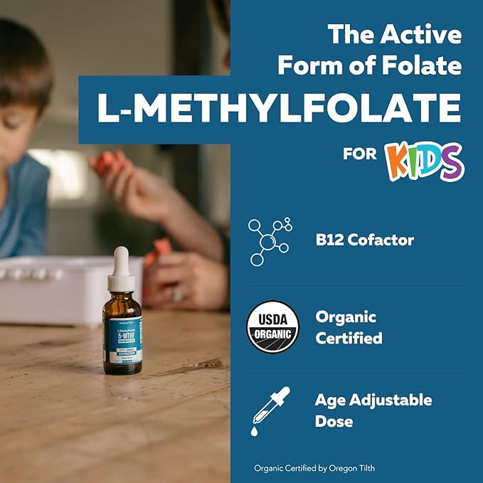 Organic Kids Methylfolate + Methyl B12 Cofactor - Organic Berry Flavor, Sublingual Form - 5-MTHF Form, Superior Form of Folate - Adjustable Dosing for All Ages - Mood, Behavior, Cognition - 1 oz.