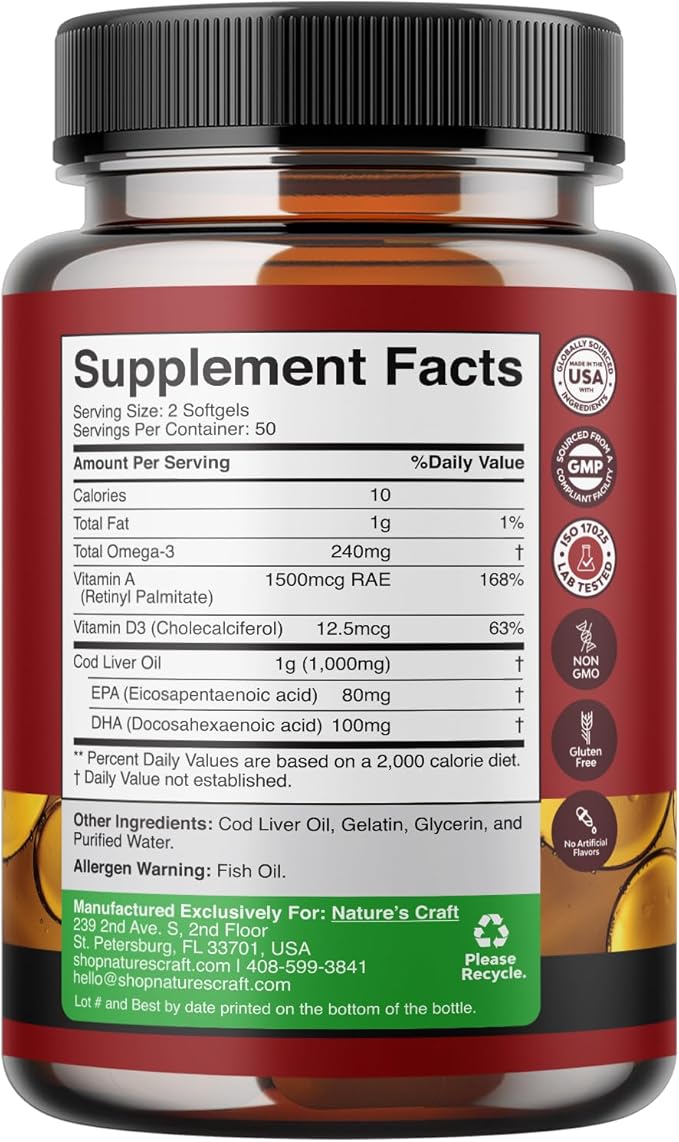 Icelandic Cod Liver Oil Softgels - Wild Caught EPA DHA Omega 3 Fish Oil 1000mg per serving - Sustainably Sourced Burpless Fish Oil Supplement with Vitamin D3 & A for Heart Joint Brain & Immune Support
