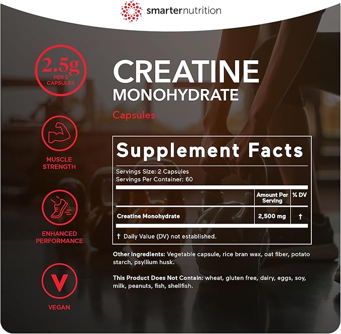 Smarter Nutrition Creatine Monohydrate Pills with 2500mg (2.5g) Per Serving, Vegan Capsules - Pre & Post Workout Recovery Support, Promotes Muscle Mass &. Endurance - 120 Count[60-Day Supply]