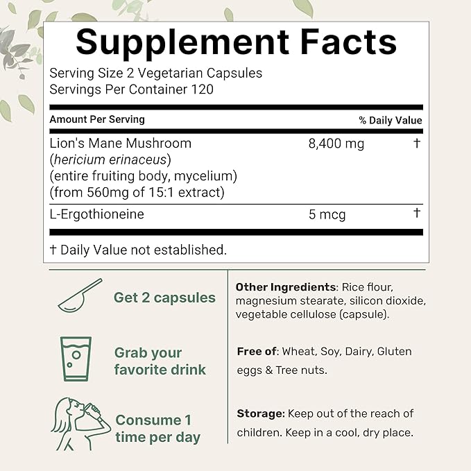 Lions Mane Supplement 8,400 mg Equivalent | 240 Veggie Capsules with L-Ergothioneine | Superfood Mushroom Antioxidants for Healthy Aging & Cognitive Support | Non-GMO