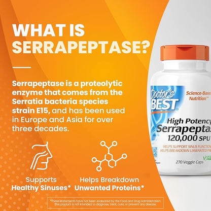 Doctor's Best High Potency Serrapeptase, Supports Healthy Sinuses and a Healthy Immune System, Non-GMO, Gluten Free, Vegan, 120, 000 SPU, 270 Veggie Caps