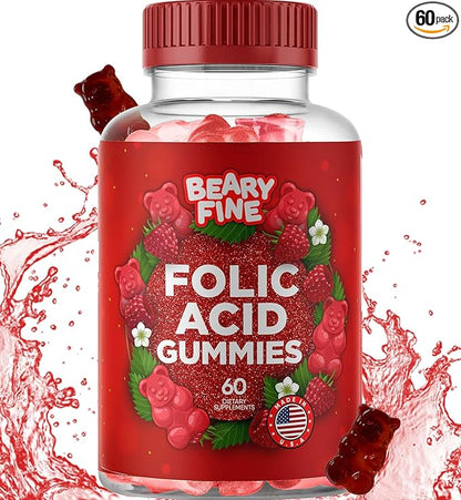 Folic Acid Gummies 400mcg - Essential Prenatal & Pregnancy Gummy for Women, Moms & Baby to Be - 60 Raspberry Flavored Folate Gummy Vitamins - Made in The USA