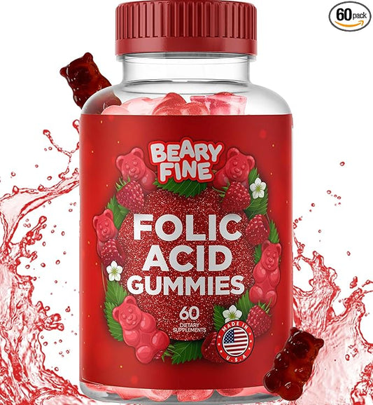 Folic Acid Gummies 400mcg - Essential Prenatal & Pregnancy Gummy for Women, Moms & Baby to Be - 60 Raspberry Flavored Folate Gummy Vitamins - Made in The USA
