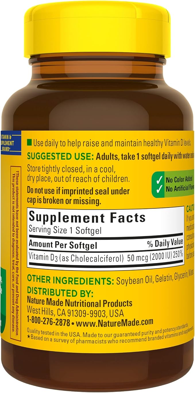 Nature Made Vitamin D3 2000 IU (50 mcg), Dietary Supplement for Bone, Teeth, Muscle and Immune Health Support, 250 Softgels, 250 Day Supply