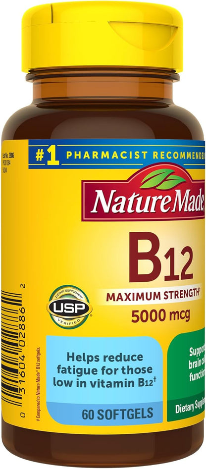Nature Made Maximum Strength Vitamin B12 5000 mcg, Dietary Supplement for Energy Metabolism Support, 60 Softgels, 60 Day Supply
