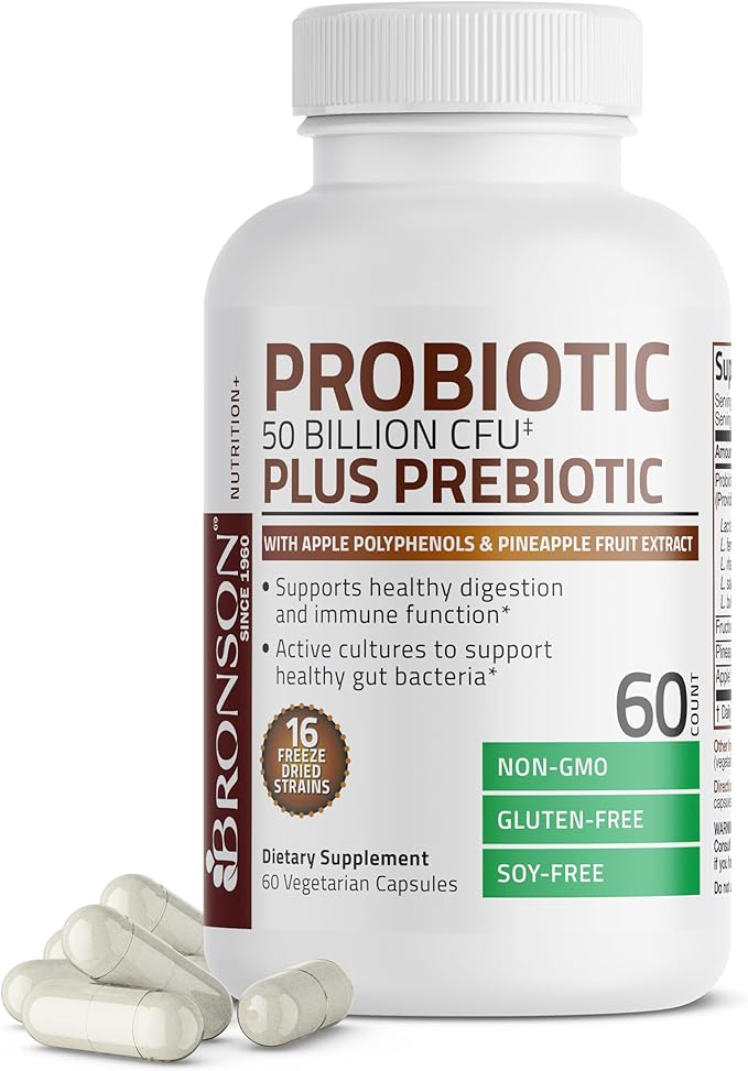 Bronson Probiotic 50 Billion CFU + Prebiotic with Apple Polyphenols & Pineapple Fruit Extract for Women & Men Non-GMO, 60 Vegetarian Capsules
