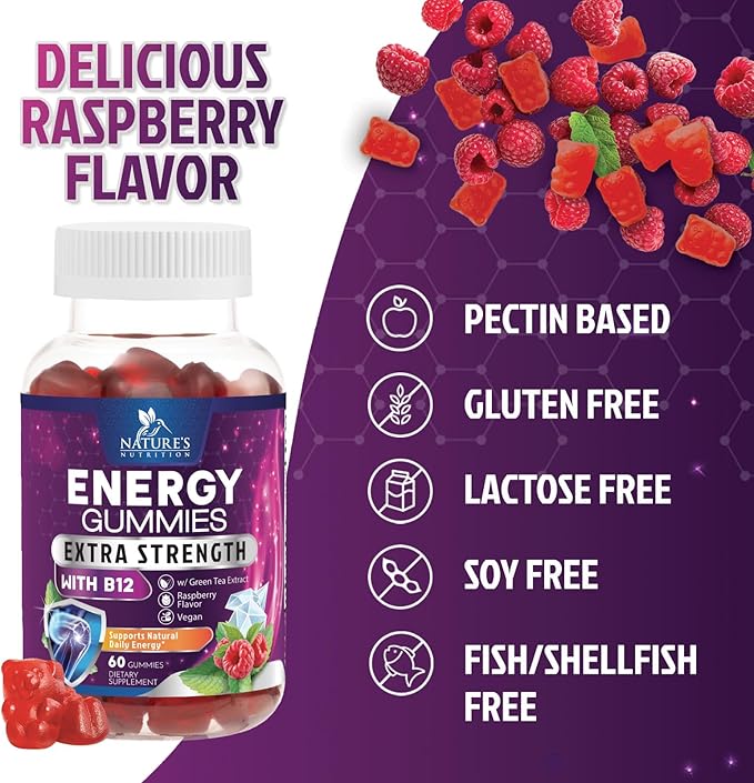 Energy Gummies Vitamin B12, Green Tea Natural Caffeine Support, Extra Strength 1000 mcg Daily Energy Vitamins, Delicious Berry Flavor Gluten Free Chewable Supplement for Cycling & Running - 60 Chews