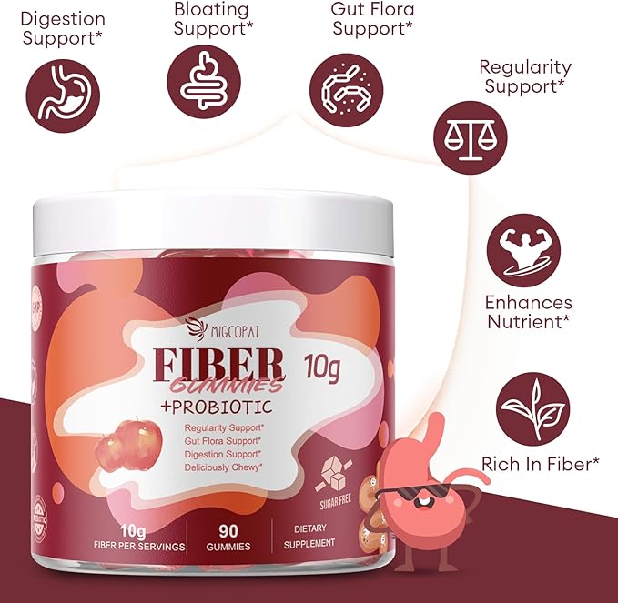 Fiber Gummies with Probiotics,10G Fiber per Serving No Sugar Added Apple Flavor, Fiber with 10 Billion CFU Probiotics Blend, Apple Cider Vinegar, Vitamin C, Inulin, Bloating Support 90 Count