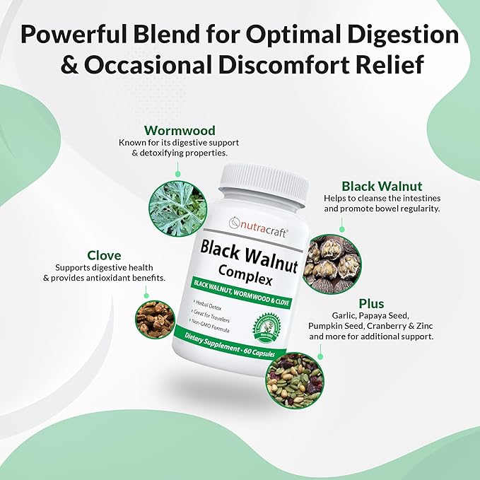 Black Walnut Detox Cleanse Supplement | Black Walnut, Wormwood, Clove, PAU D'Arco, Pumpkin Seed, Garlic, Zinc | Intestinal Guard for Humans | 60 Capsules