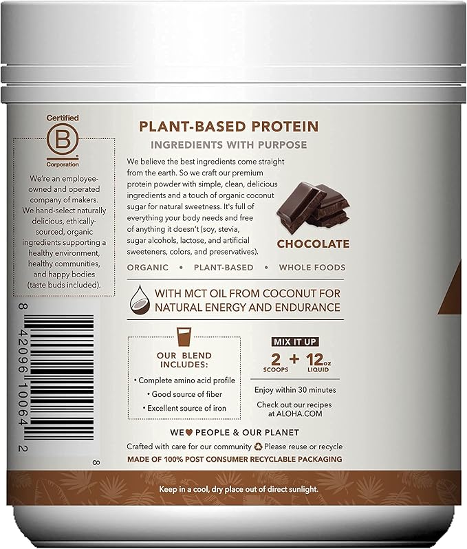 ALOHA Organic Plant Based Protein Powder, Stevia Free, Chocolate, 19.6 oz, 15 Servings