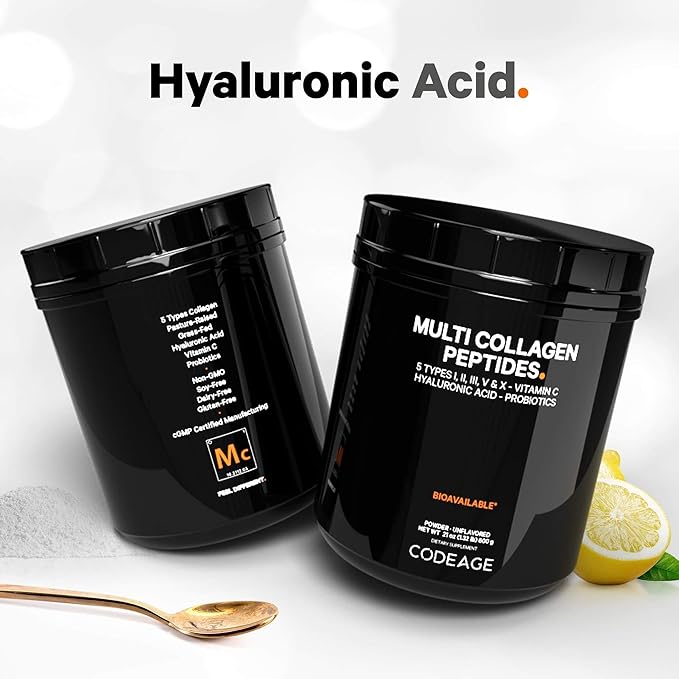 Codeage Multi Collagen Peptides + Probiotics Black Edition, Vitamin C, Hyaluronic Acid Powder Supplement, Grass-Fed, Pasture-Raised, Hydrolyzed, Zero Carbs, Type I, II, III, V & X, Unflavored, 21oz