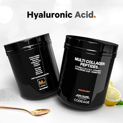 Codeage Multi Collagen Peptides + Probiotics Black Edition, Vitamin C, Hyaluronic Acid Powder Supplement, Grass-Fed, Pasture-Raised, Hydrolyzed, Zero Carbs, Type I, II, III, V & X, Unflavored, 21oz