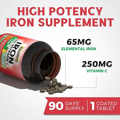 Iron Supplement 65mg with Vitamin C, Stomach Friendly Carbonyl Iron, High Absorption, Once Daily, Supports Red Blood Cell Production, Gluten Free, Non-GMO, 90 Tablets