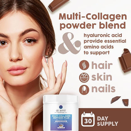 DR. EMIL NUTRITION Collagen Peptides Powder - Hot Cocoa Flavored Collagen Powder for Women - Collagen Supplements for Hair, Skin & Nails with Hyaluronic Acid - 9g Protein per Serving