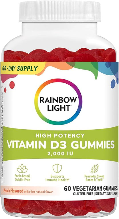 Rainbow Light Vitamin D Gummies, High Potency Vitamin D3 2,000IU Immune Health Support, Helps Support Strong Bones & Teeth, Gluten Free, Vegan, Peach, 60 Gummies